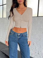 Load image into Gallery viewer, Buttoned V-Neck Long Sleeve T-Shirt