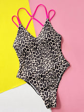 Load image into Gallery viewer, Leopard Plunge Spaghetti Strap One-Piece Swimwear