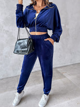 Load image into Gallery viewer, Zip Up Long Sleeve Cropped Top and Joggers Set
