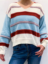 Load image into Gallery viewer, Contrast V-Neck Dropped Shoulder Sweater