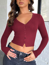 Load image into Gallery viewer, Buttoned V-Neck Long Sleeve T-Shirt