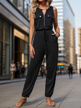 Load image into Gallery viewer, Half Zip Sleeveless Jumpsuit with Pockets