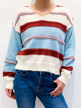 Load image into Gallery viewer, Contrast V-Neck Dropped Shoulder Sweater