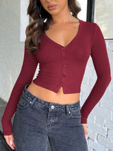 Load image into Gallery viewer, Buttoned V-Neck Long Sleeve T-Shirt