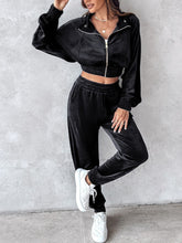 Load image into Gallery viewer, Zip Up Long Sleeve Cropped Top and Joggers Set