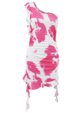 Load image into Gallery viewer, Ruffled Tie-Dye Single Shoulder Mini Dress