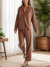 Load image into Gallery viewer, Collared Neck Long Sleeve Top and Drawstring Pants Set