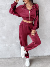 Load image into Gallery viewer, Zip Up Long Sleeve Cropped Top and Joggers Set