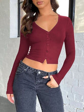 Load image into Gallery viewer, Buttoned V-Neck Long Sleeve T-Shirt