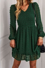 Load image into Gallery viewer, Swiss Dot Smocked V-Neck Ruffled Hem Dress