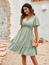 Load image into Gallery viewer, Swiss Dot V-Neck Openwork Puff Sleeve Dress
