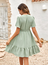 Load image into Gallery viewer, Swiss Dot V-Neck Openwork Puff Sleeve Dress