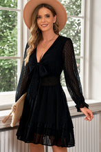 Load image into Gallery viewer, Swiss Dot Tie Front Frill Trim Plunge Dress