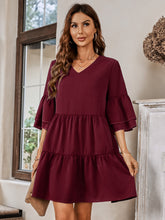 Load image into Gallery viewer, V-Neck Three-Quarter Flounce Sleeve Tiered Dress
