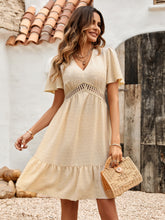 Load image into Gallery viewer, Swiss Dot V-Neck Openwork Puff Sleeve Dress