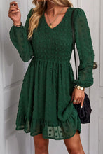 Load image into Gallery viewer, Swiss Dot Smocked V-Neck Ruffled Hem Dress