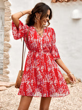 Load image into Gallery viewer, Floral Notched Neck Flounce Sleeve Dress