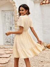 Load image into Gallery viewer, Swiss Dot V-Neck Openwork Puff Sleeve Dress