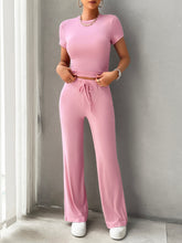 Load image into Gallery viewer, Round Neck Short Sleeve Top and Pants Set
