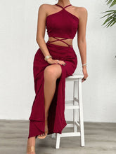 Load image into Gallery viewer, Grecian Neck Top and Slit Skirt Set
