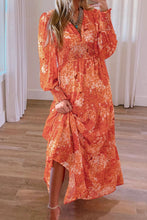 Load image into Gallery viewer, Smocked Printed V-Neck Long Sleeve Dress
