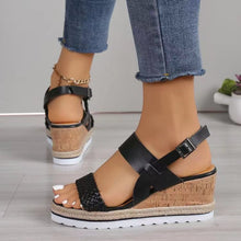 Load image into Gallery viewer, PU Leather Woven Wedge Sandals
