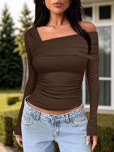 Load image into Gallery viewer, Ruched One Shoulder Long Sleeve T-Shirt
