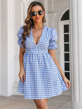 Load image into Gallery viewer, Decorative Button Plaid Short Sleeve Dress
