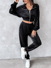 Load image into Gallery viewer, Zip Up Long Sleeve Cropped Top and Joggers Set
