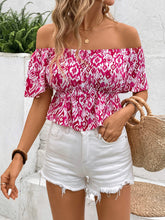 Load image into Gallery viewer, Peplum Printed Off-Shoulder Short Sleeve Blouse
