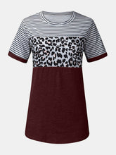 Load image into Gallery viewer, Full Size Striped Leopard Round Neck Short Sleeve T-Shirt
