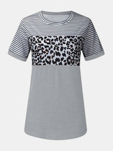 Load image into Gallery viewer, Full Size Striped Leopard Round Neck Short Sleeve T-Shirt
