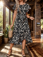 Load image into Gallery viewer, Printed Round Neck Flutter Sleeve Midi Dress
