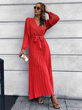 Load image into Gallery viewer, V-Neck Tie Waist Pleated Maxi Dress
