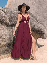 Load image into Gallery viewer, Crisscross Back Drawstring Ruffle Trim Maxi Dress
