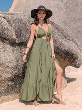 Load image into Gallery viewer, Crisscross Back Drawstring Ruffle Trim Maxi Dress
