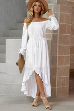 Load image into Gallery viewer, Decorative Button Ruffled High-Low Off-Shoulder Dress
