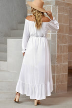 Load image into Gallery viewer, Decorative Button Ruffled High-Low Off-Shoulder Dress
