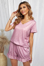 Load image into Gallery viewer, Polka Dot V-Neck Top and Ruffled Shorts Lounge Set
