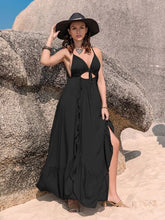 Load image into Gallery viewer, Crisscross Back Drawstring Ruffle Trim Maxi Dress
