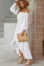 Load image into Gallery viewer, Decorative Button Ruffled High-Low Off-Shoulder Dress
