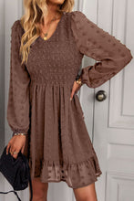 Load image into Gallery viewer, Swiss Dot Smocked V-Neck Ruffled Hem Dress
