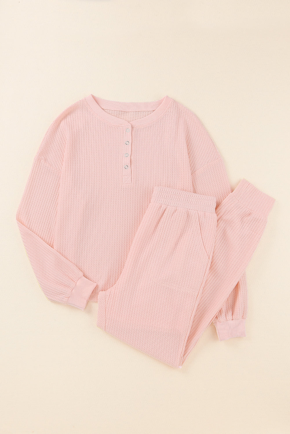 Quarter Snap Waffle Knit Long Sleeve Lounge Set