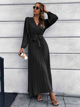 Load image into Gallery viewer, V-Neck Tie Waist Pleated Maxi Dress
