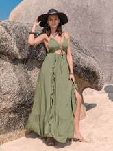 Load image into Gallery viewer, Crisscross Back Drawstring Ruffle Trim Maxi Dress
